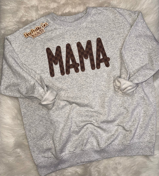 Brown checkered embroidered mama crewneck
