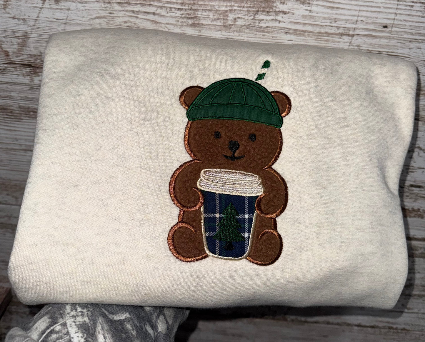 Coffee Fuzzy Embroidered Teddy Bear Sweatshirt