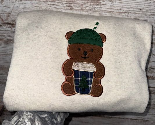 Coffee Fuzzy Embroidered Teddy Bear Sweatshirt