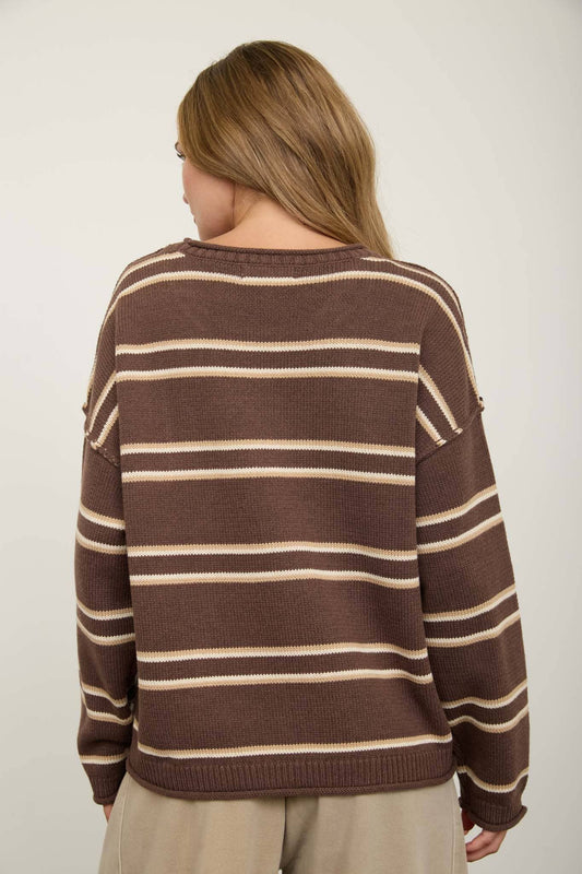 EXPOSED SEAM STRIPED ROUND NECK PULLOVER