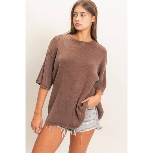Mineral Wash Waffle Crew Neck Top
