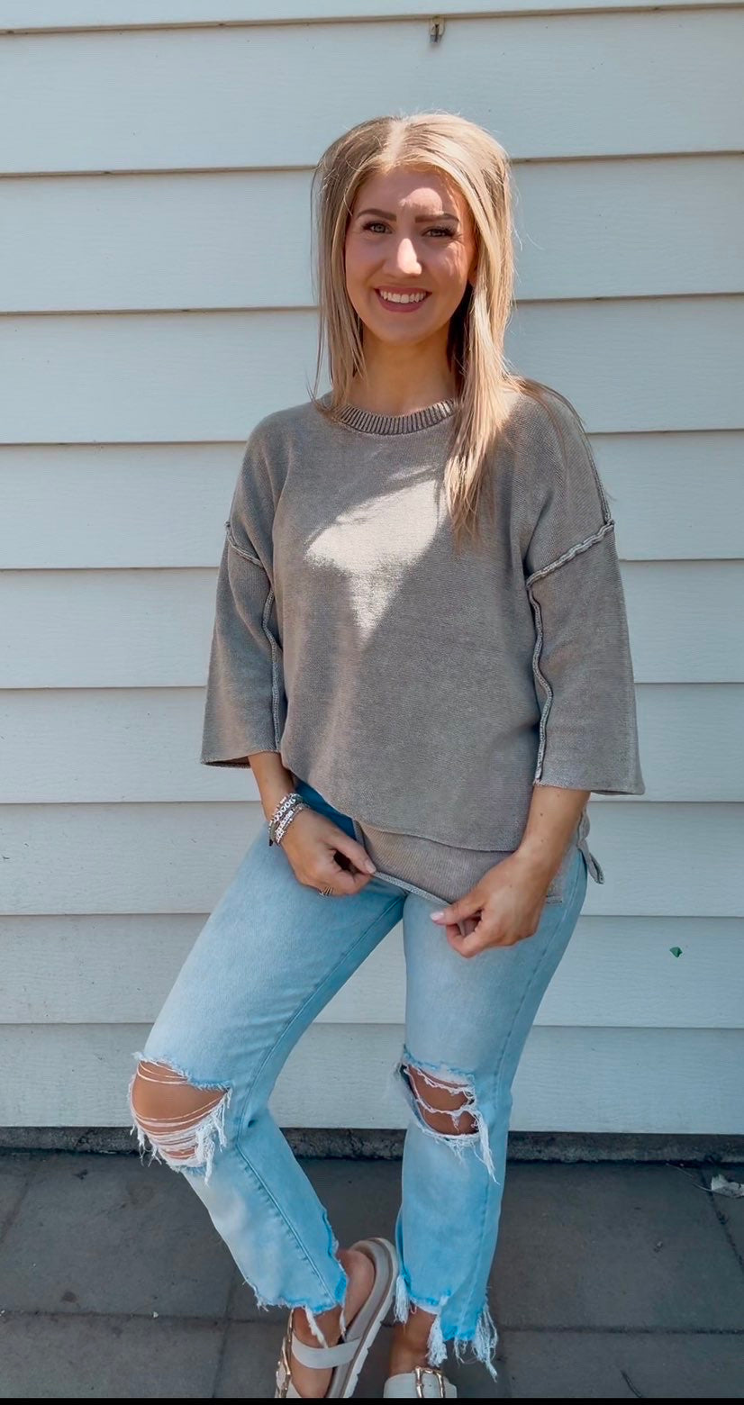 Mocha Exposed Seam Short Sleeve Sweater