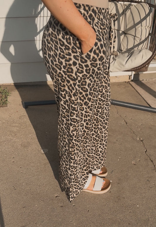 Washed Leopard Print Wide Leg Pants