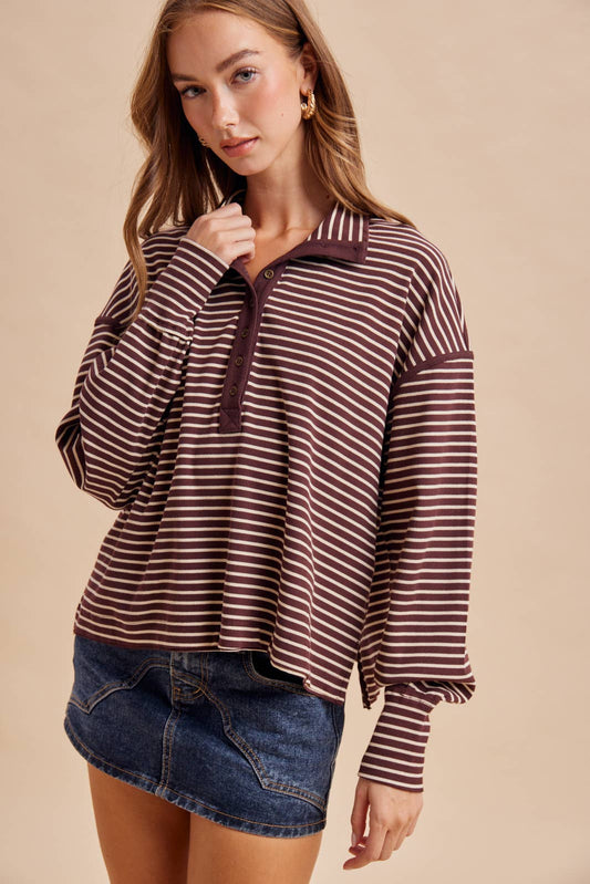 STRIPED BUTTON COLLAR TOP