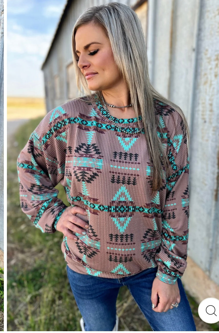 Ribbed Teal Aztec Top