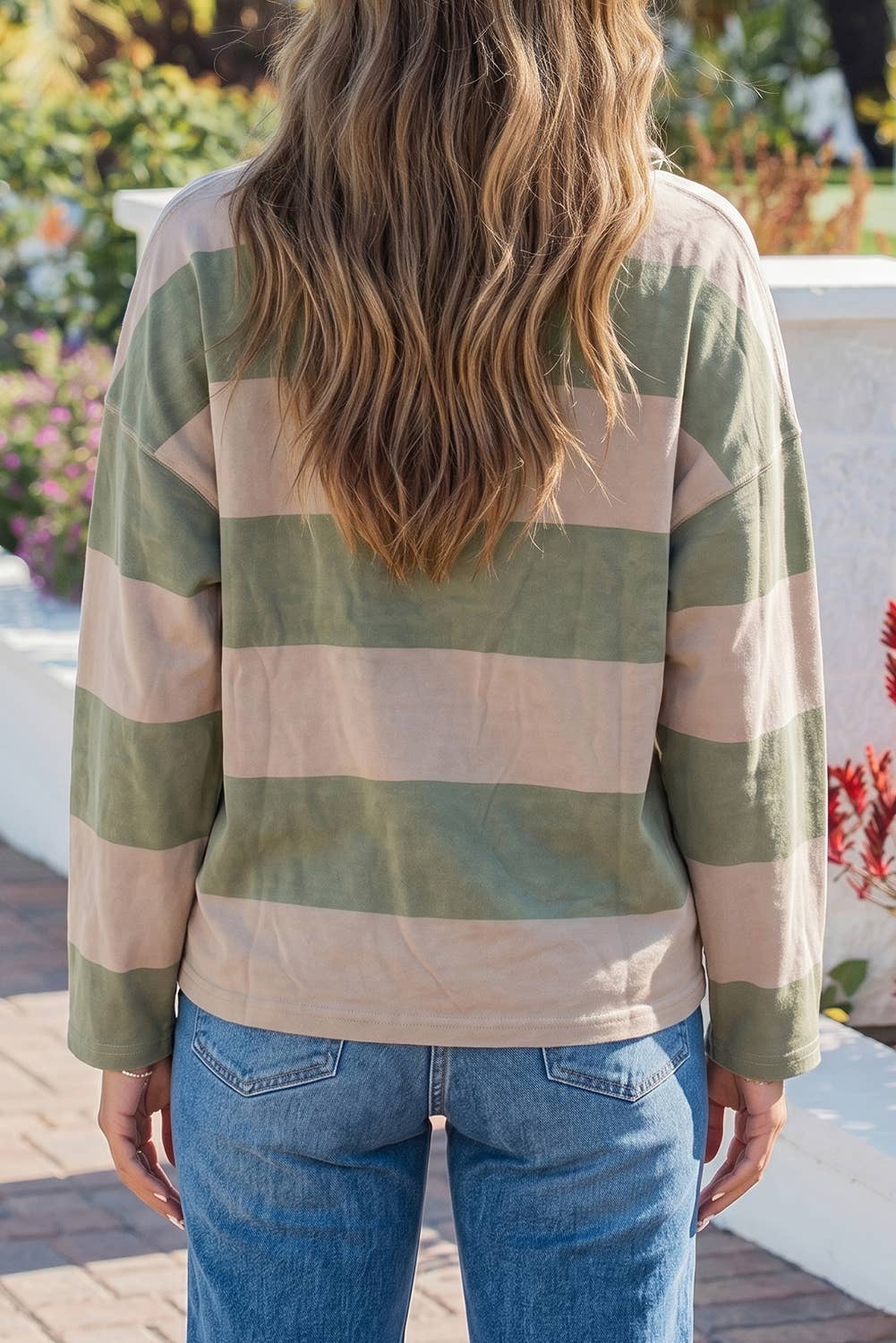 Striped Colorblock Zipper Pullover Long Sleeve Loose Top