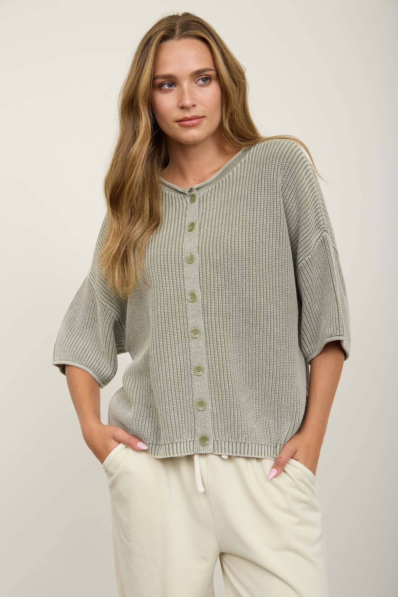WASHED RIBBED SHORT SLEEVE ROLLED EDGE CARDIGAN