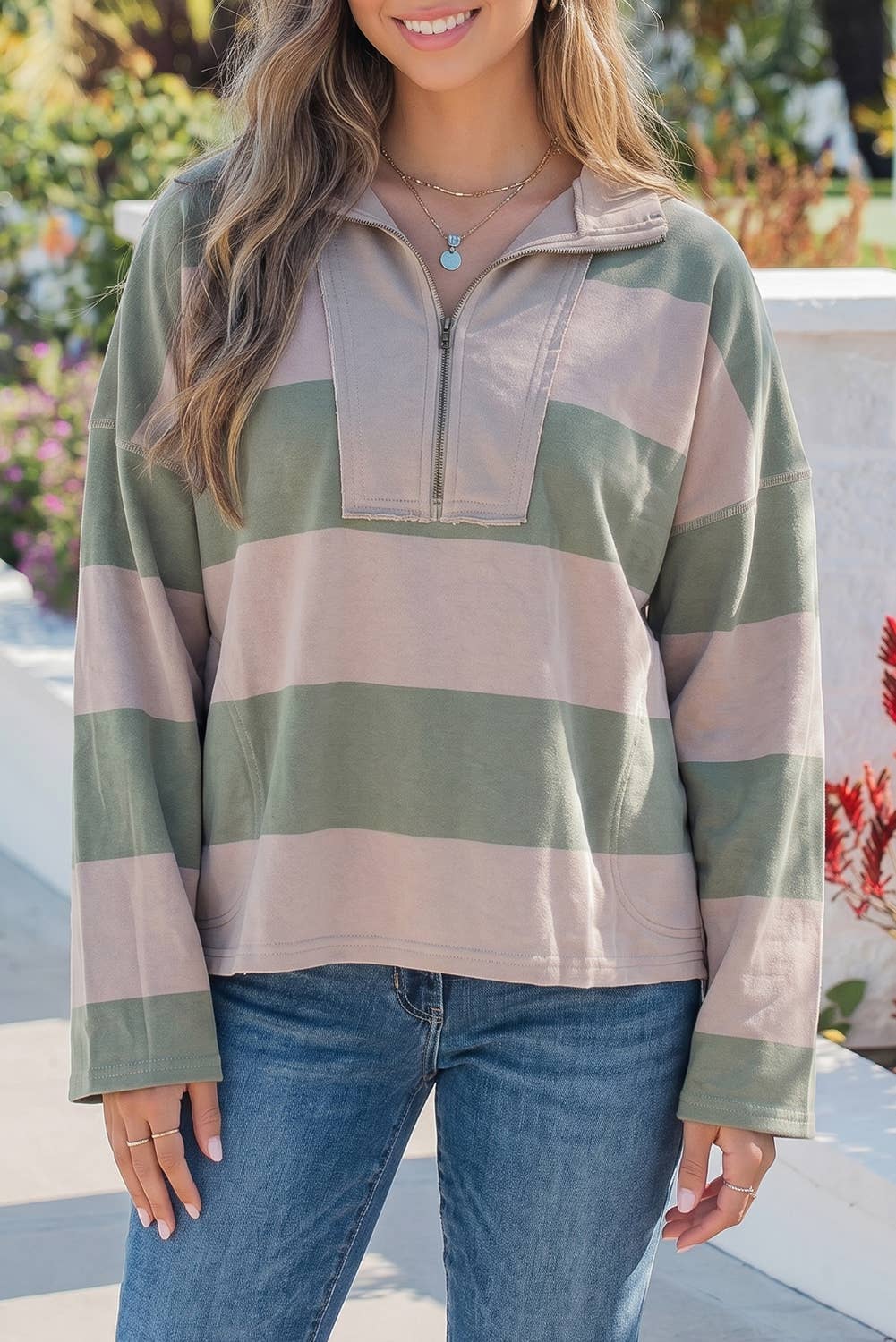 Striped Colorblock Zipper Pullover Long Sleeve Loose Top