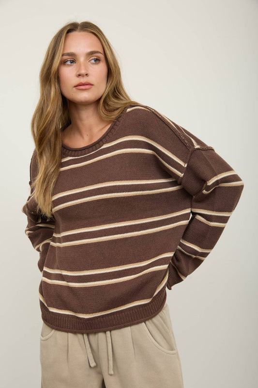 EXPOSED SEAM STRIPED ROUND NECK PULLOVER