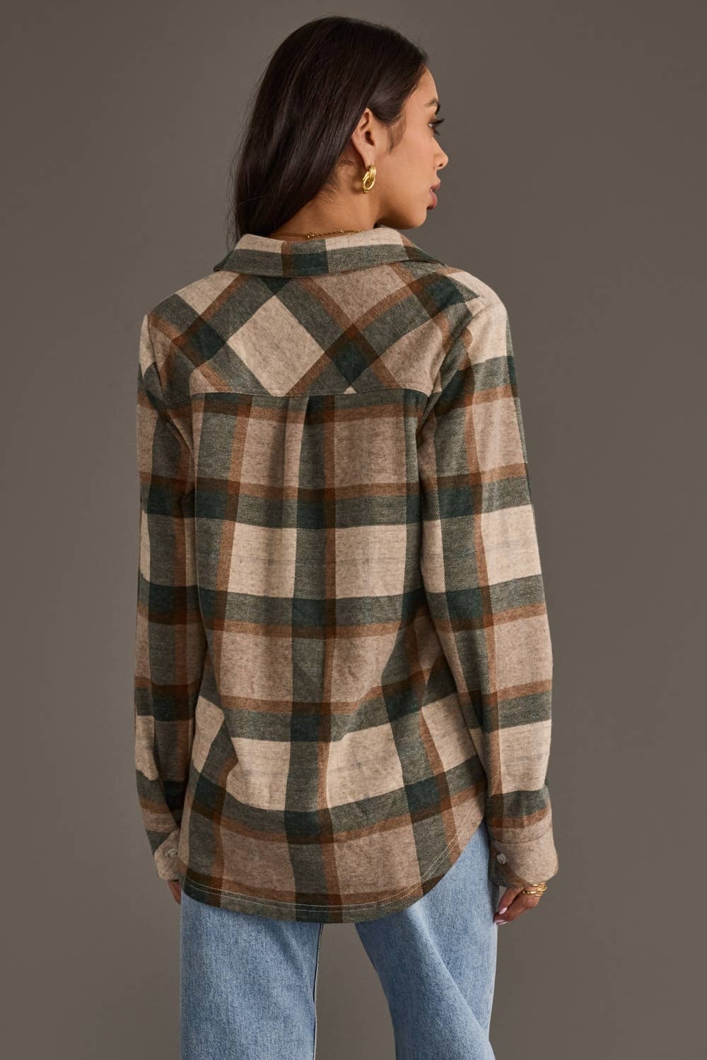 Tan, Dk. Green & Rust Plaid Button Up