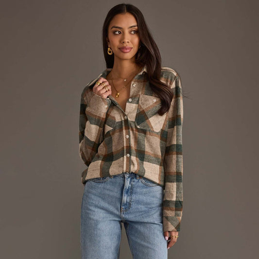 Tan, Dk. Green & Rust Plaid Button Up