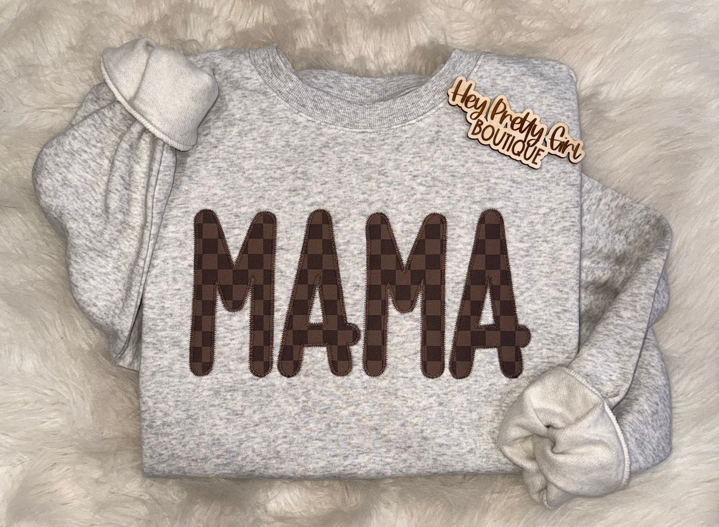 Brown checkered embroidered mama crewneck