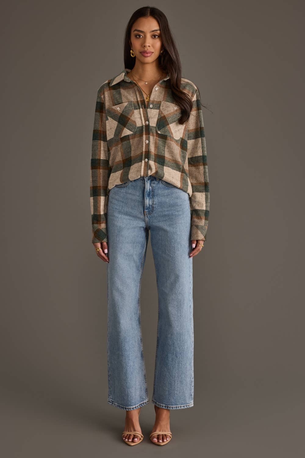 Tan, Dk. Green & Rust Plaid Button Up