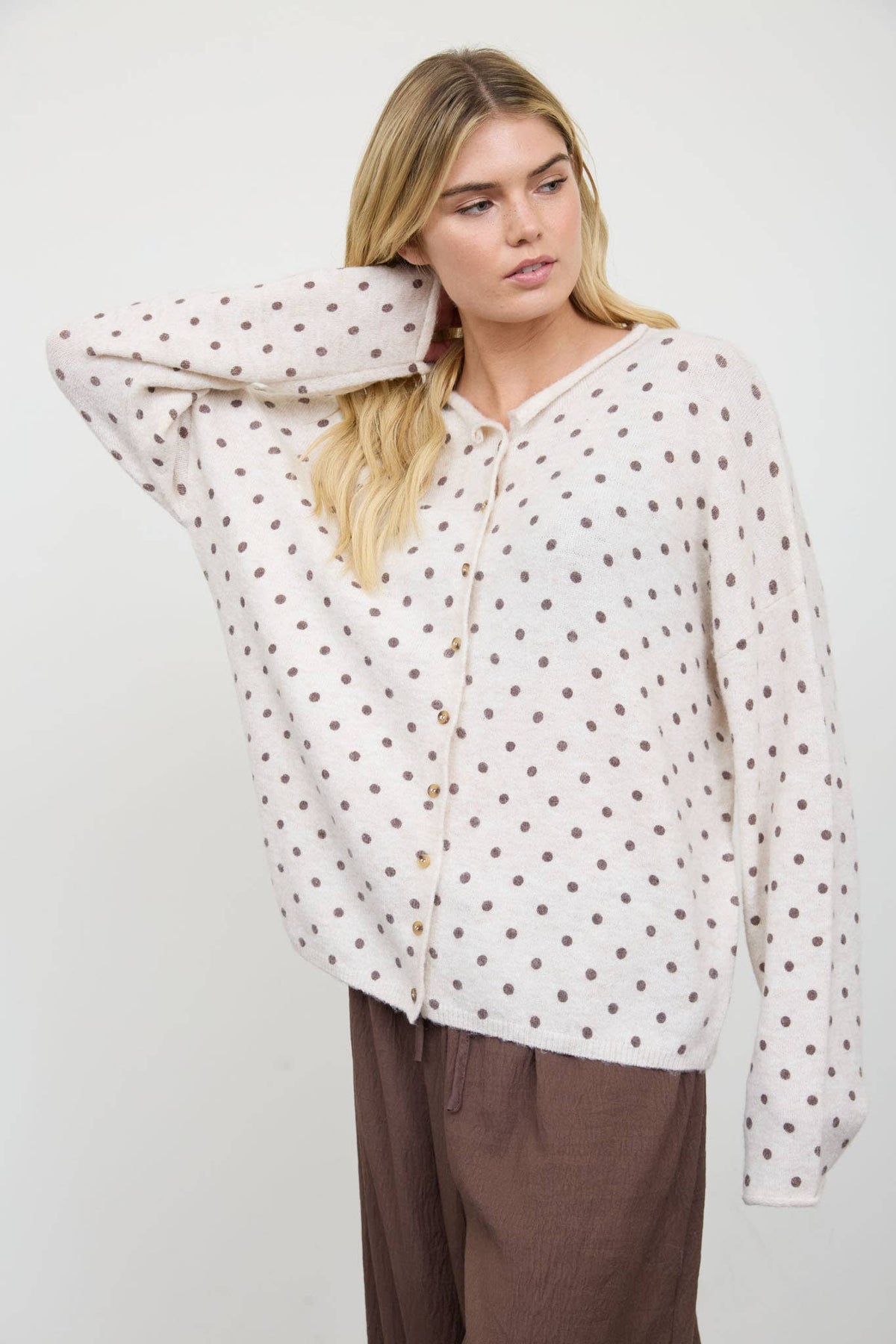 POLKA DOT BUTTON DOWN RAW EDGE KNIT CARDIGAN