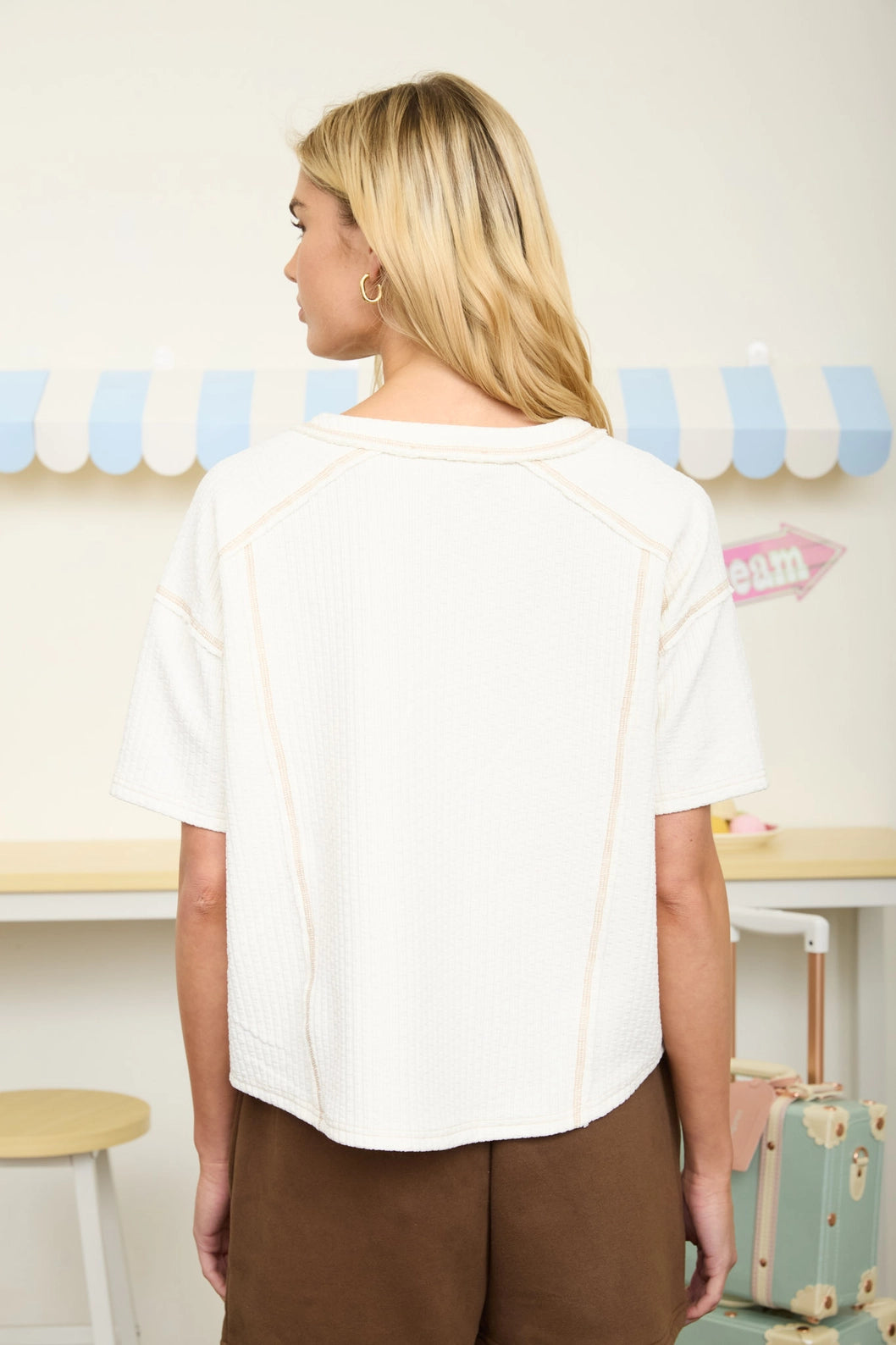 Textured Knit Short Sleeve Henley Top
