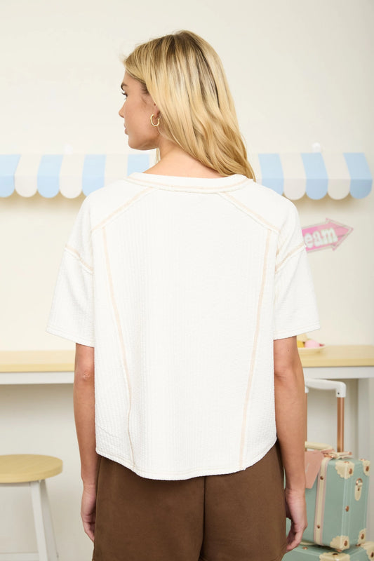 Textured Knit Short Sleeve Henley Top