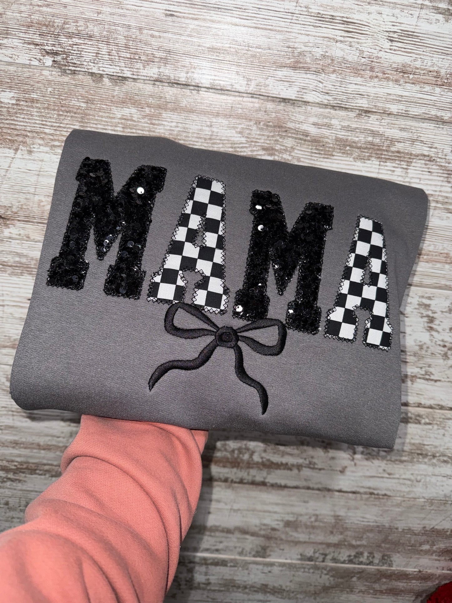 Checkered sequin mama crewneck