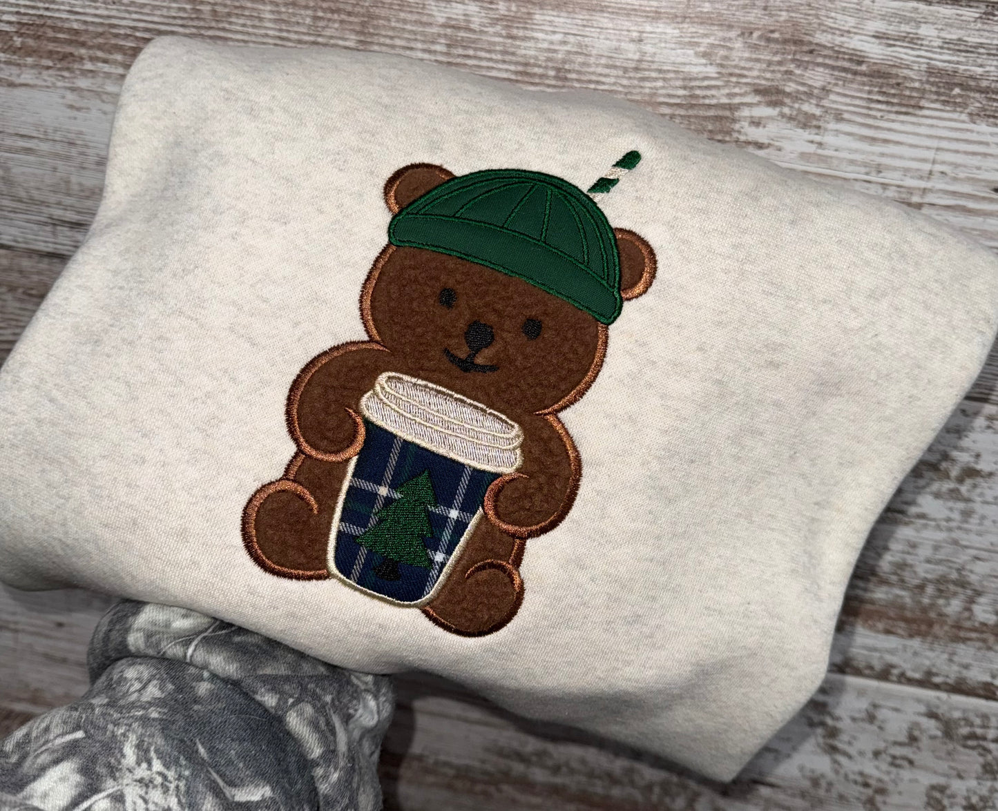 Coffee Fuzzy Embroidered Teddy Bear Sweatshirt