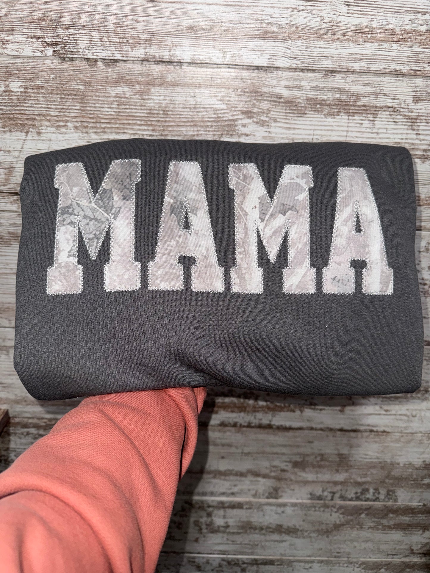 White camo applique mama crewneck