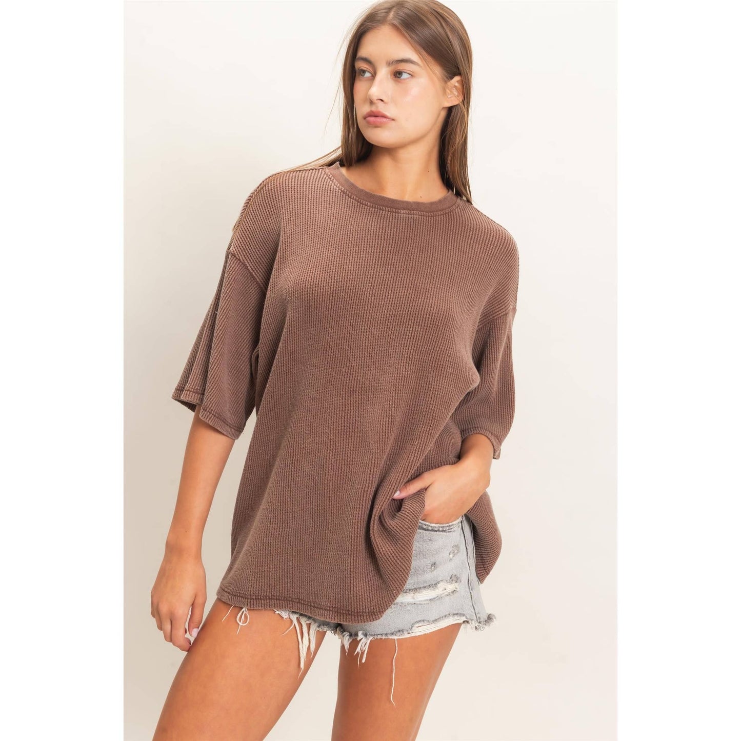 Mineral Wash Waffle Crew Neck Top