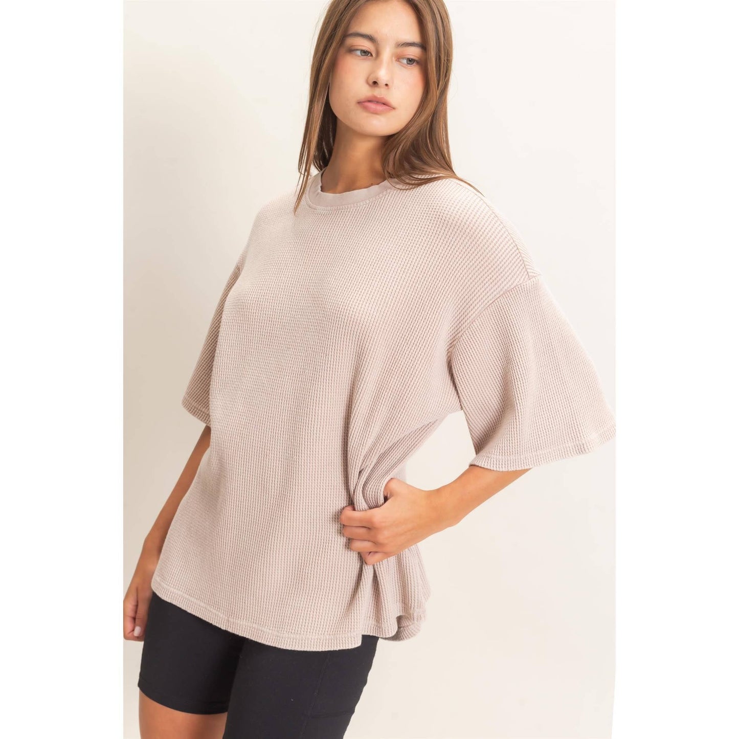 Mineral Wash Waffle Crew Neck Top
