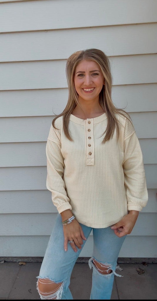 Ribbed Henley Long Sleeve Knit Top