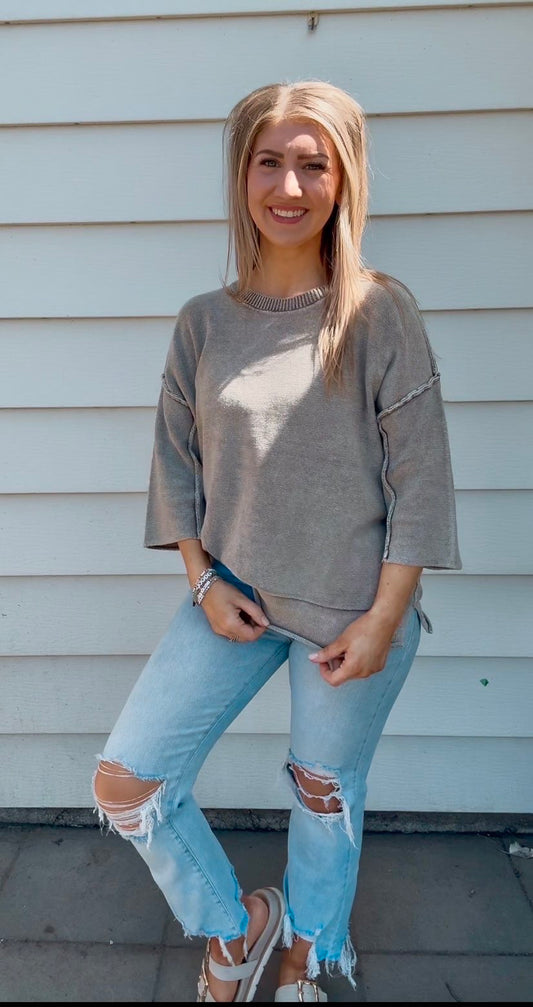 Mocha Exposed Seam Short Sleeve Sweater