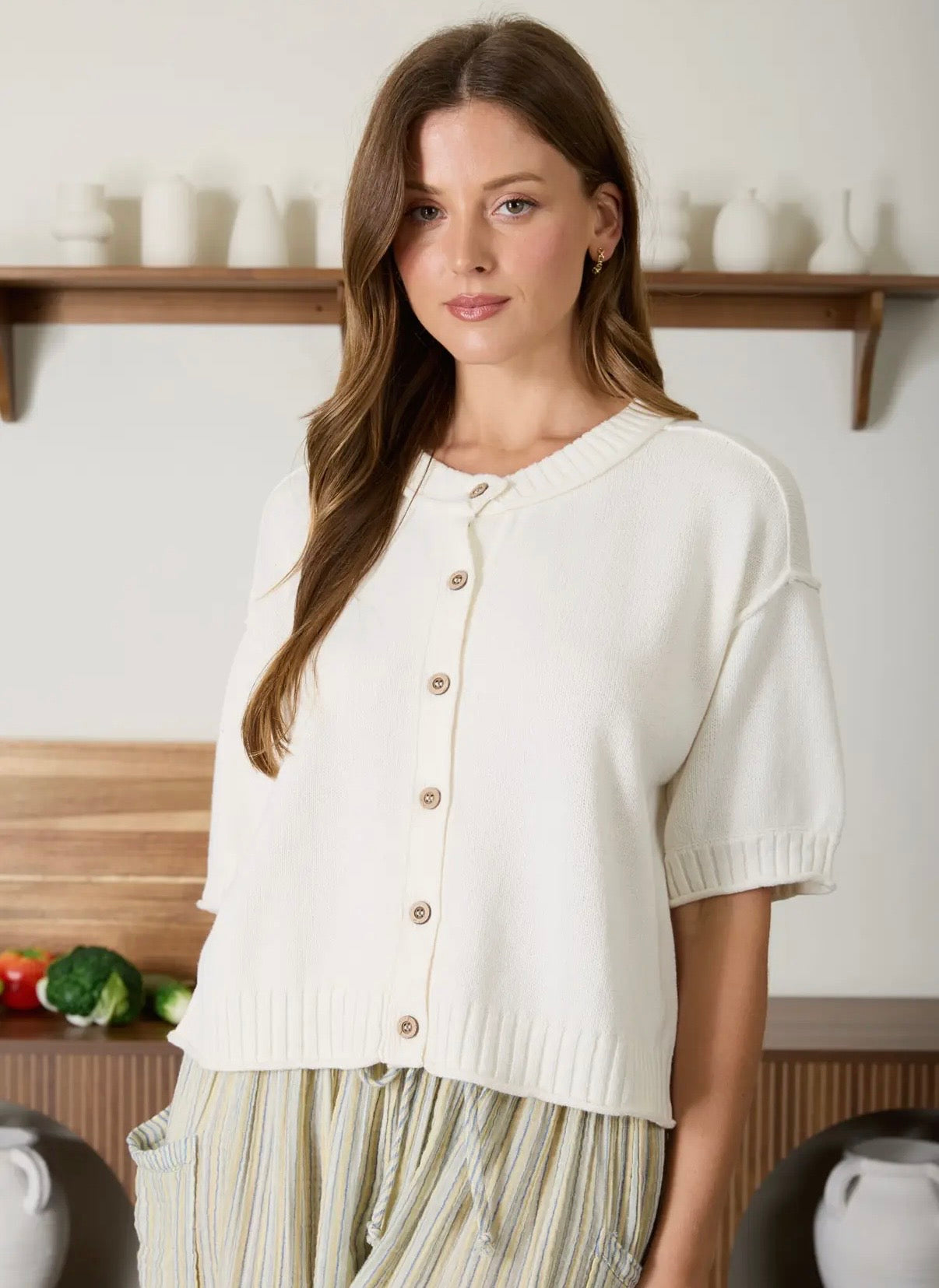 Raw Edge Detail Short Sleeve Knit Cardigan