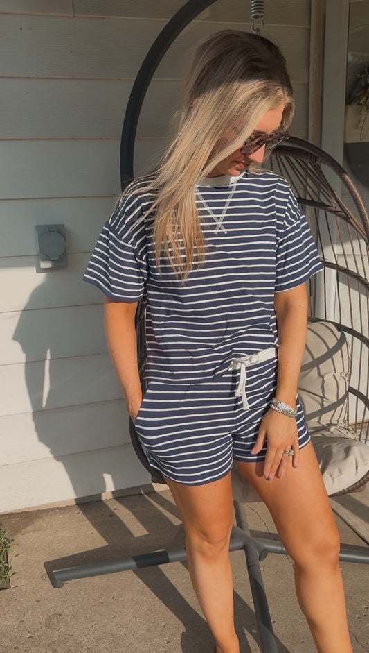 Striped Round Neck Tee and Shorts Set