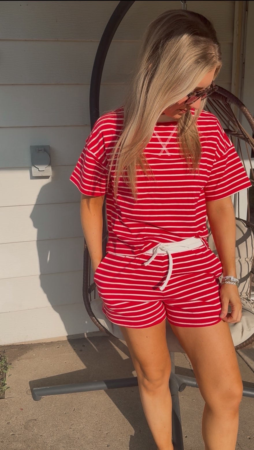Striped Round Neck Tee and Shorts Set