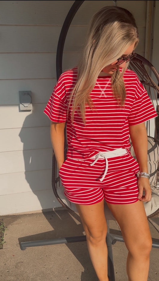 Striped Round Neck Tee and Shorts Set