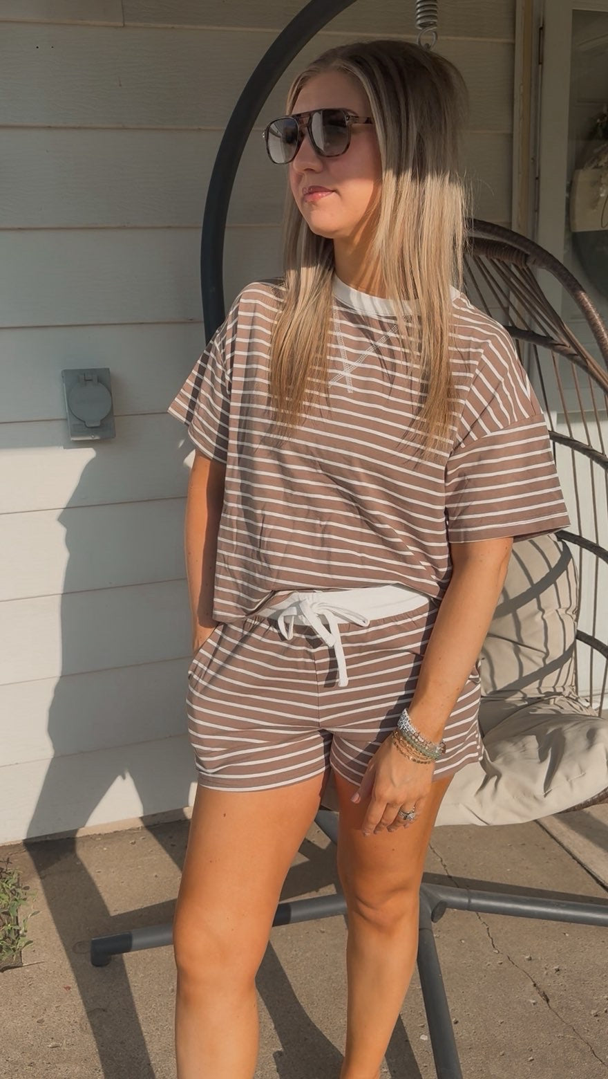 Striped Round Neck Tee and Shorts Set