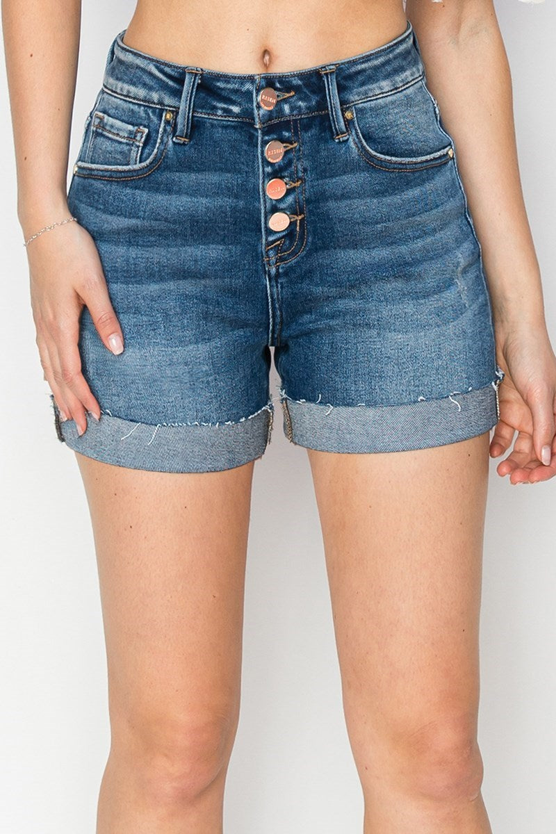 High Rise Button Down Cuffed Shorts