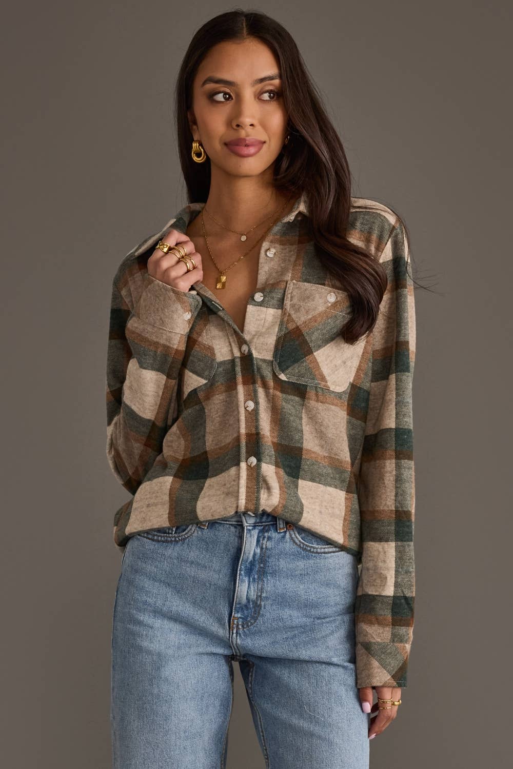 Tan, Dk. Green & Rust Plaid Button Up