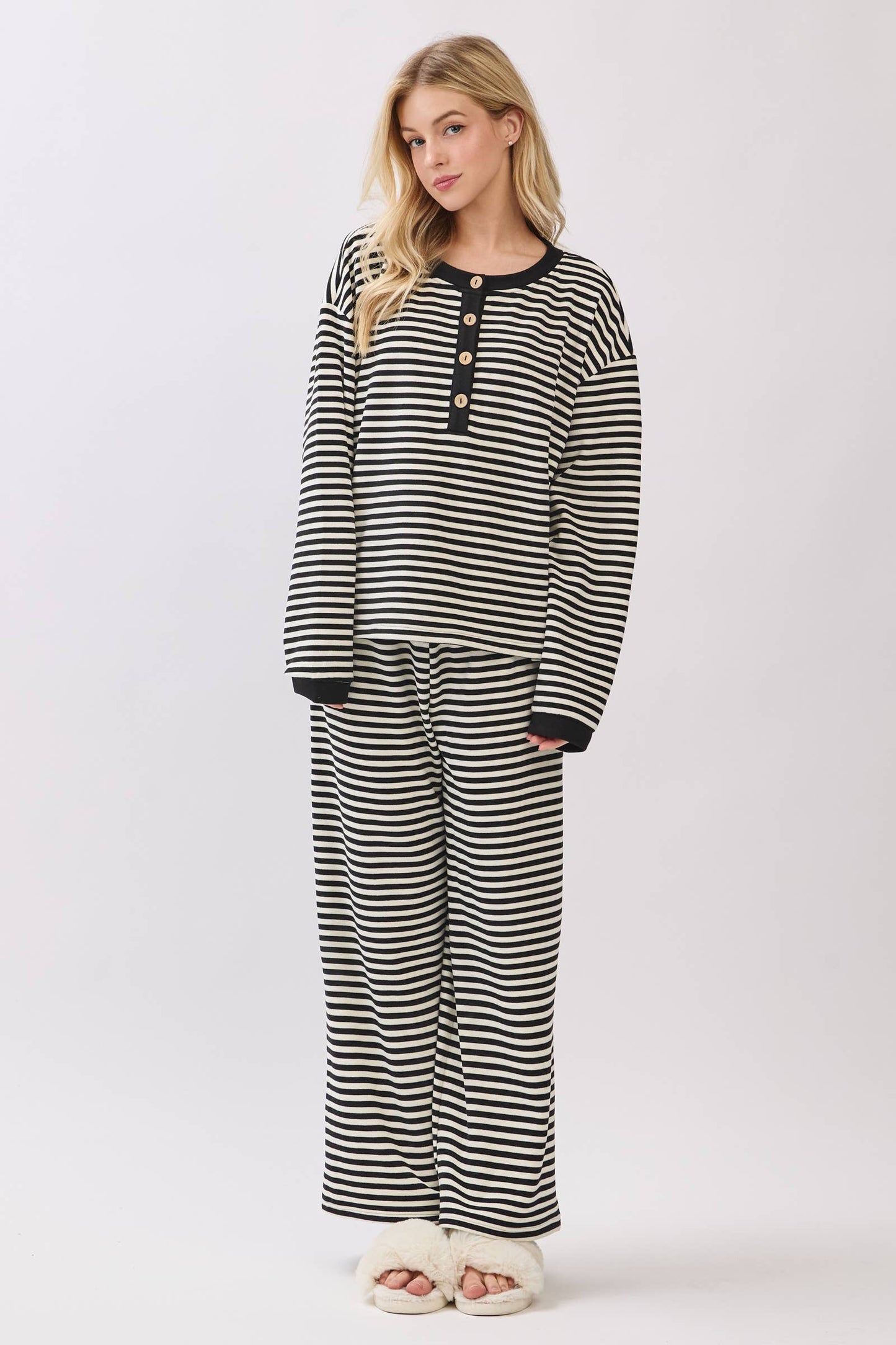 Striped Button Henley Brushed Lounge Set