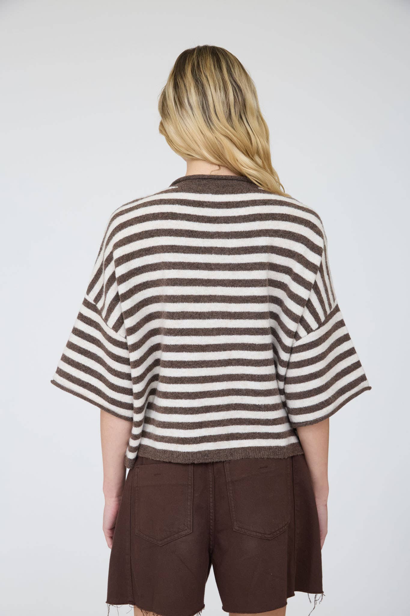 STRIPE RAW EDGE SHORT SLEEVE BUTTON DOWN CARDIGAN