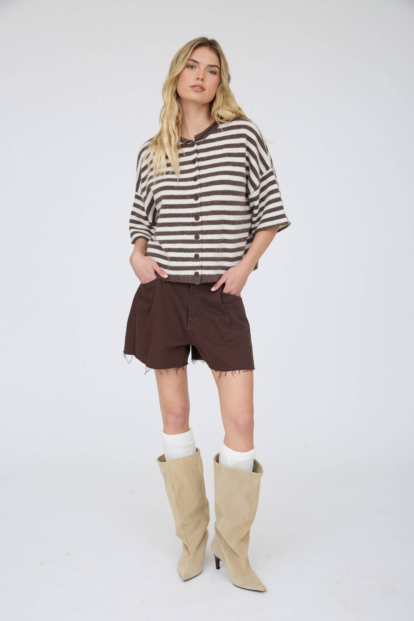STRIPE RAW EDGE SHORT SLEEVE BUTTON DOWN CARDIGAN
