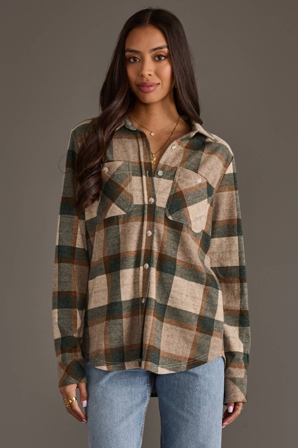 Tan, Dk. Green & Rust Plaid Button Up