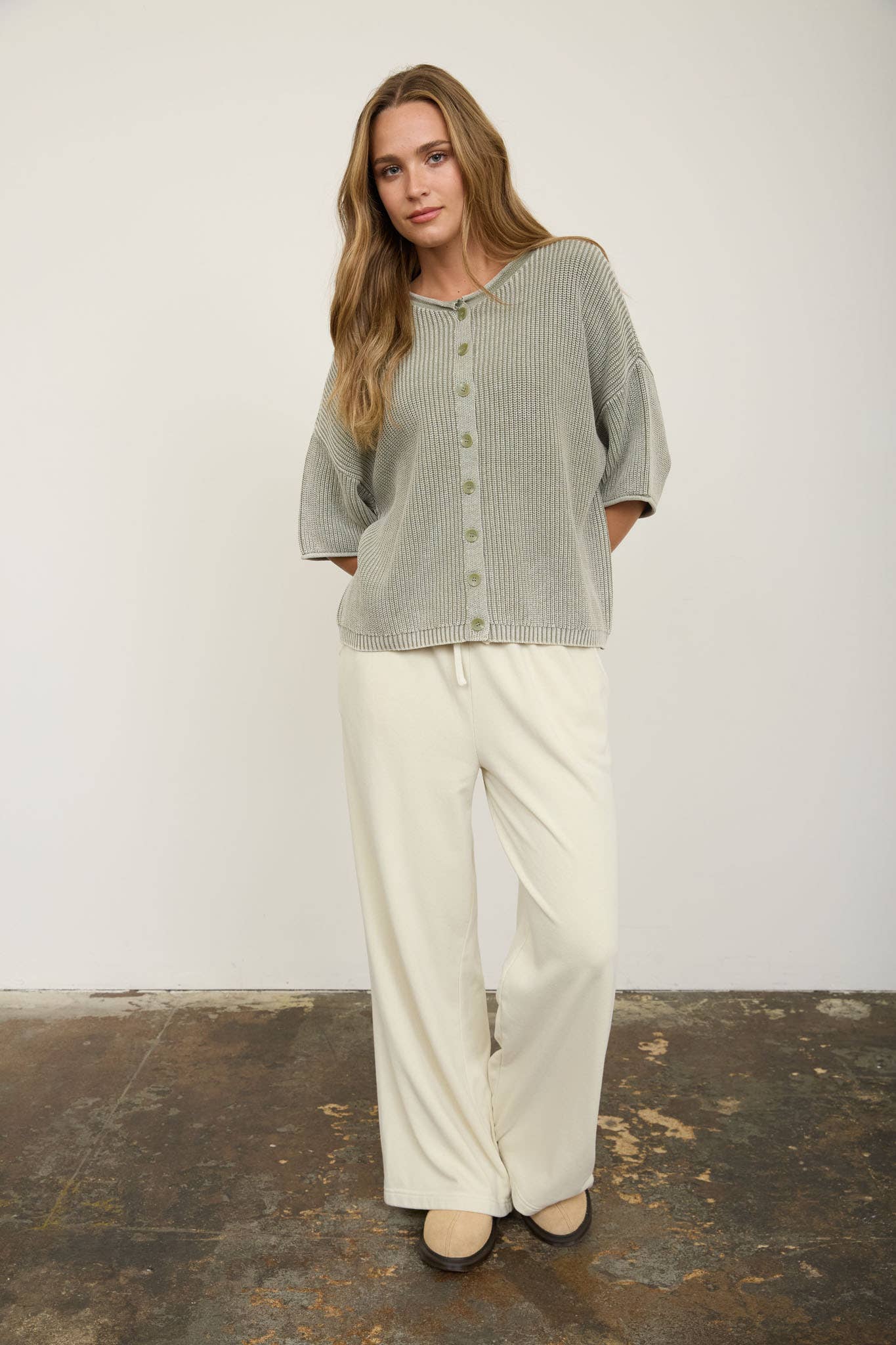 WASHED RIBBED SHORT SLEEVE ROLLED EDGE CARDIGAN