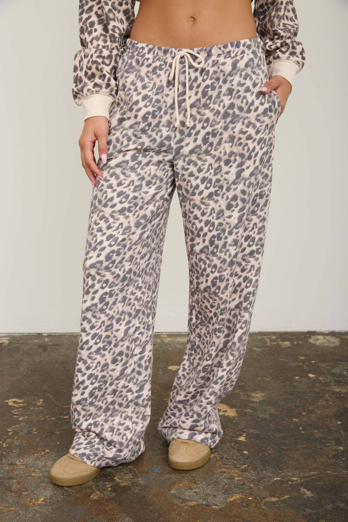 LEOPARD DRAWSTRING WIDE LEG LOUNGE PANTS