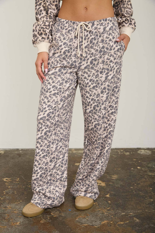 LEOPARD DRAWSTRING WIDE LEG LOUNGE PANTS