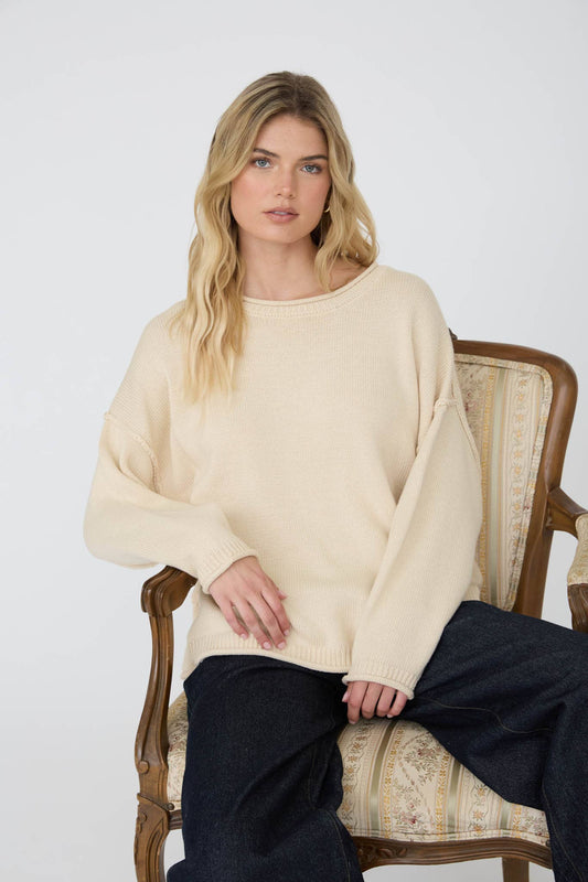 RAW EDGE EXTENDED SHOULDER LONG SLEEVE SWEATER