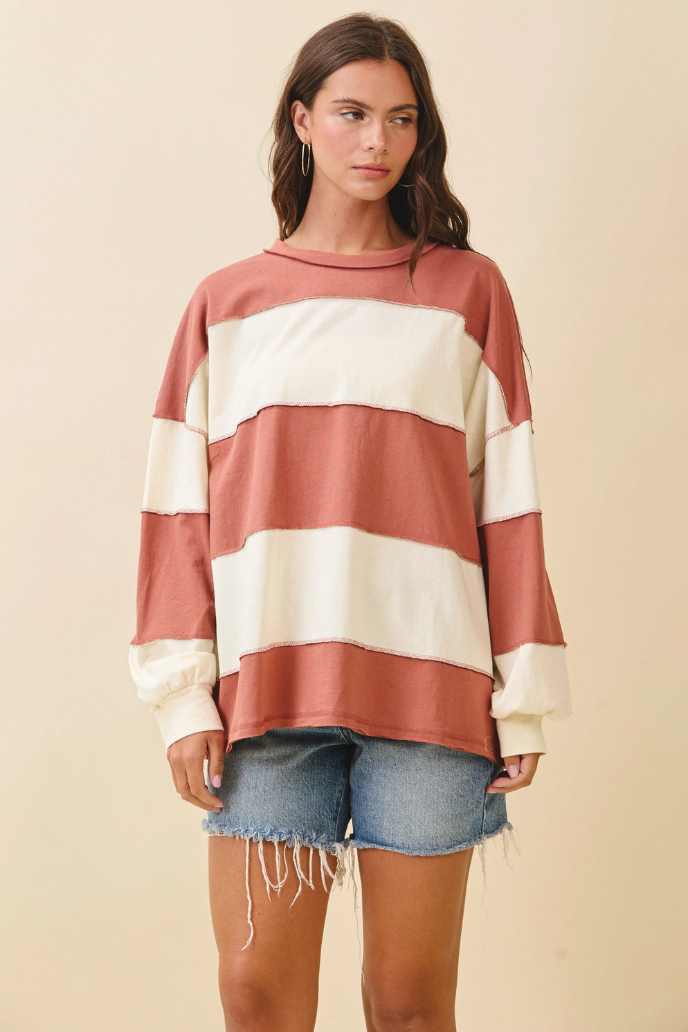 Contrast Panel Long Sleeve Striped Top